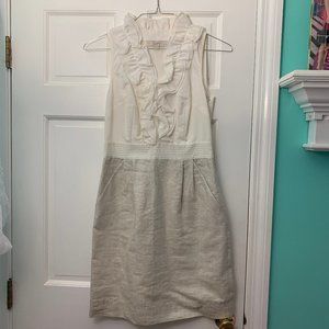 Loft White and Gold Ruffle Linen Dress